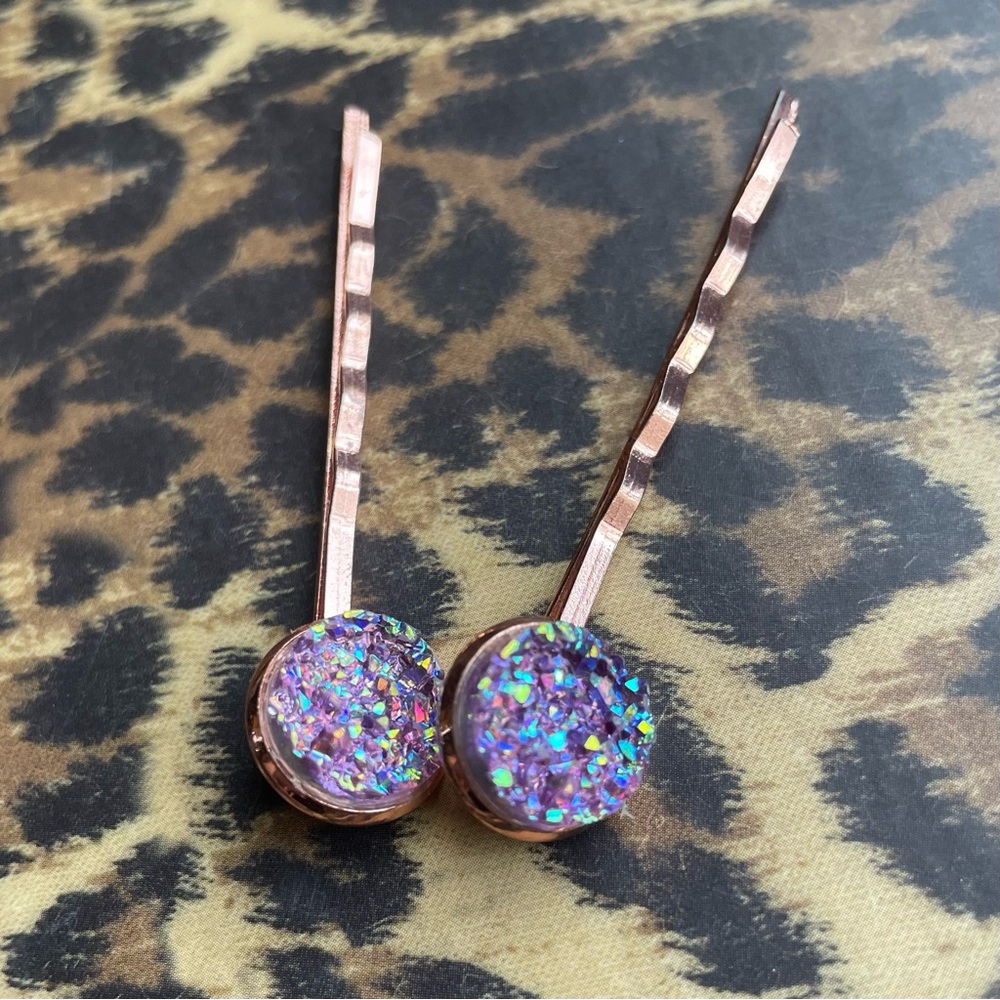 Druzy Sparkly Hair Pins rose gold clips - Picture 2 of 4